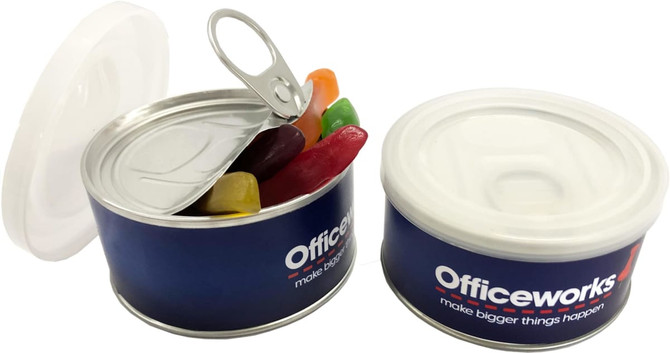 A small pull can containing colourful gummy snakes, with a silver pull tab and blue branding.