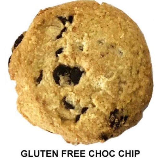 A gluten-free choc chip biscuit, golden brown with dark chocolate pieces, presented against a white background.