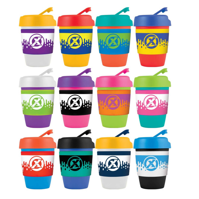 A collection of reusable coffee cups in various colors, featuring silicone bands and logo designs.
