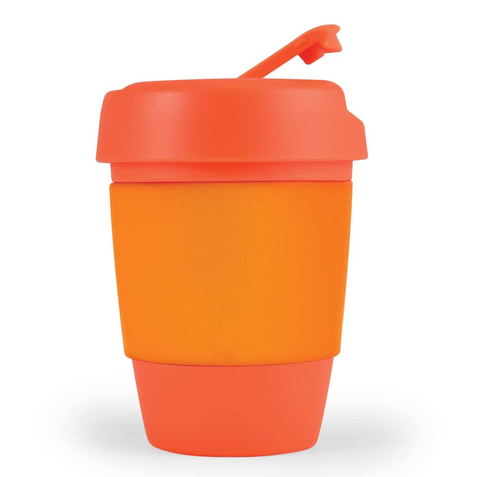 A reusable coffee cup with a vibrant orange silicone band and lid, designed for on-the-go beverages.