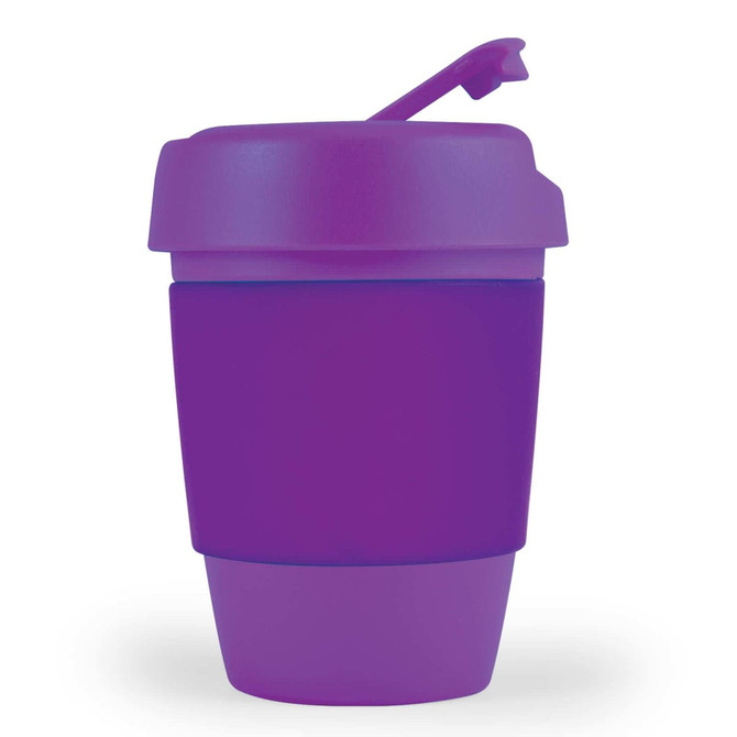 A reusable coffee cup in purple with a silicone band and a secure lid featuring a spout. It has a logo.
