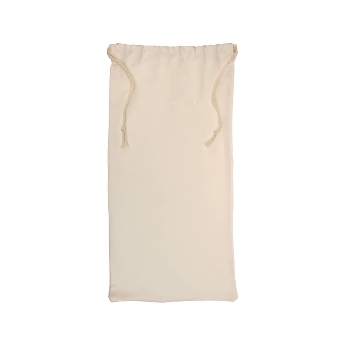 A drawstring pouch designed for storing or carrying items, featuring a soft fabric material in a neutral color.