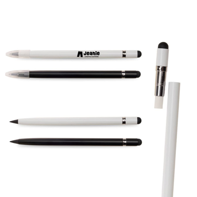 A set of inkless pens in black and white, featuring a logo and a sleek metal design.