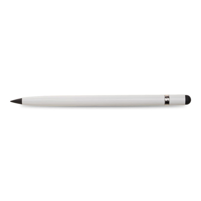 A sleek white aluminium inkless pen with a black writing tip, featuring a simple design and a branding logo.
