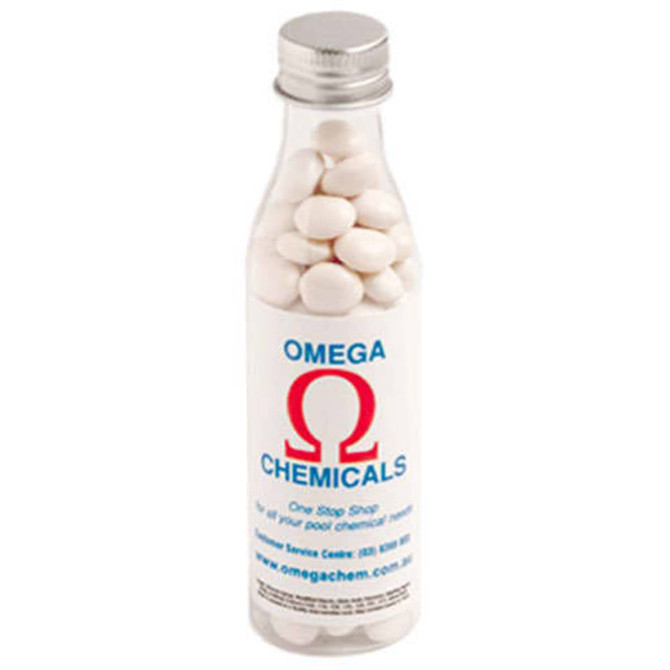 A drink bottle filled with white mints, featuring a logo and a clear, transparent design.