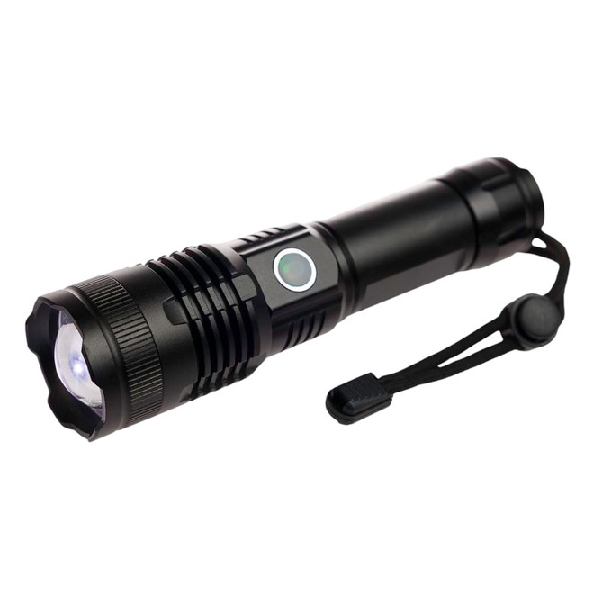 A rechargeable torch with a sleek black design, featuring a push-button and an attached strap for convenience.