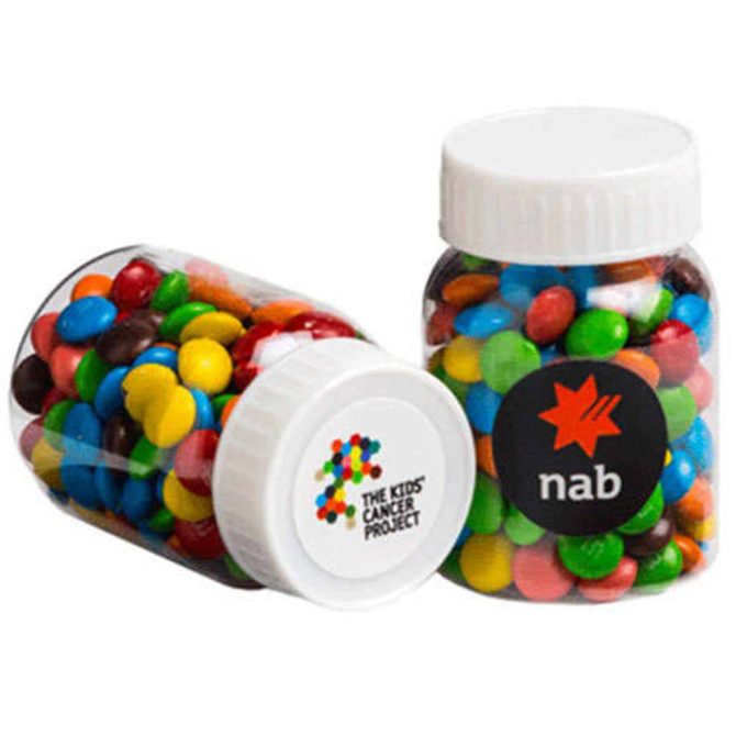 Two clear jars filled with colourful mini M&Ms, featuring a white lid and logos on one side.