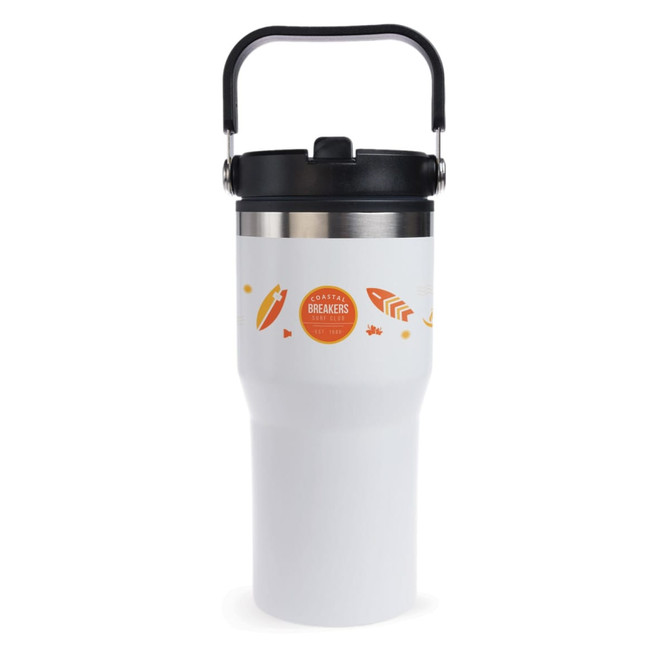 A drink tumbler in white and silver with a handle, featuring a design and a logo.