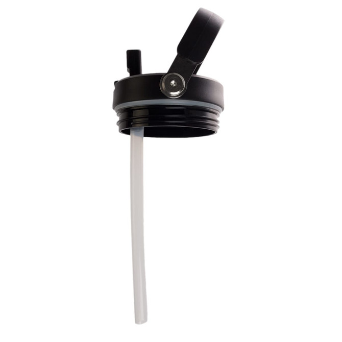 A drink bottle lid featuring a black design, complete with a retractable handle and a clear, flexible straw.