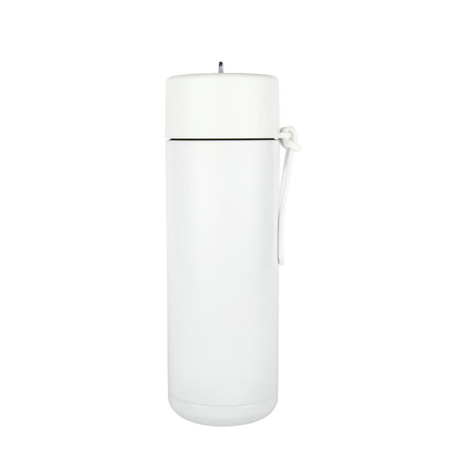 A drink bottle in white, featuring a sleek design and a carrying strap, with a logo on its surface.