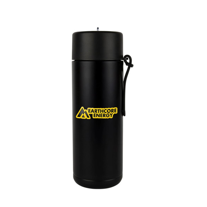 A drink bottle in matte black with a logo featuring a yellow design. It has a cylindrical shape and a secured lid.