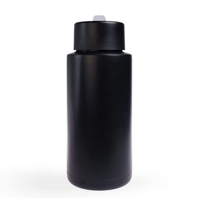 A drink bottle in matte black finish with a sturdy design and a cap, featuring a logo on its surface.