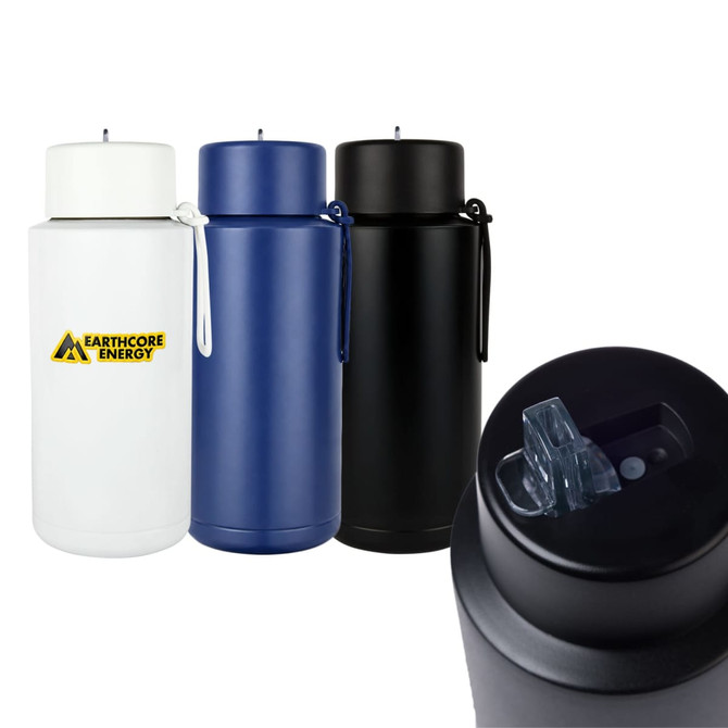 A drink bottle set featuring a white, navy blue, and black steel design with a spout and handle.