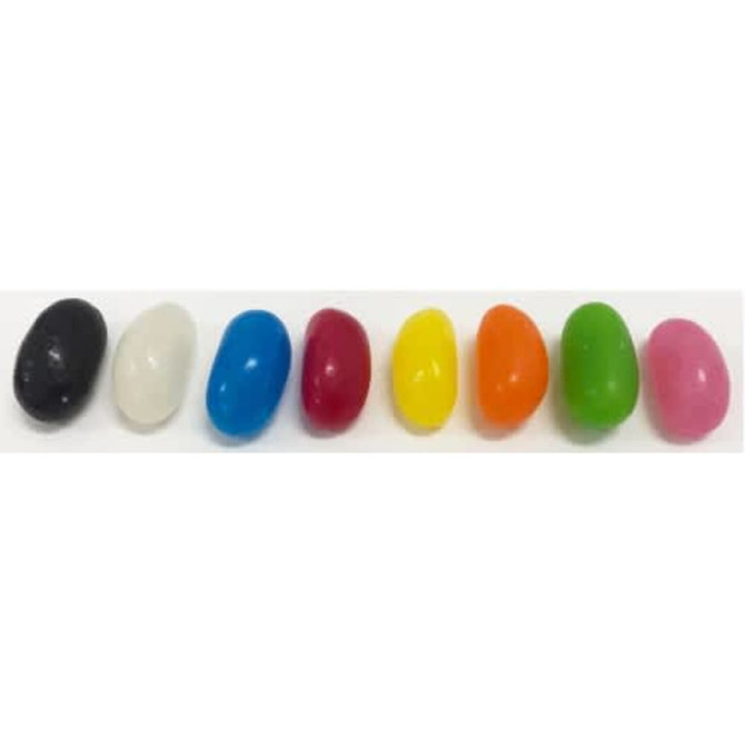 A row of jelly beans in various colours: black, white, blue, red, yellow, green, orange, and pink.