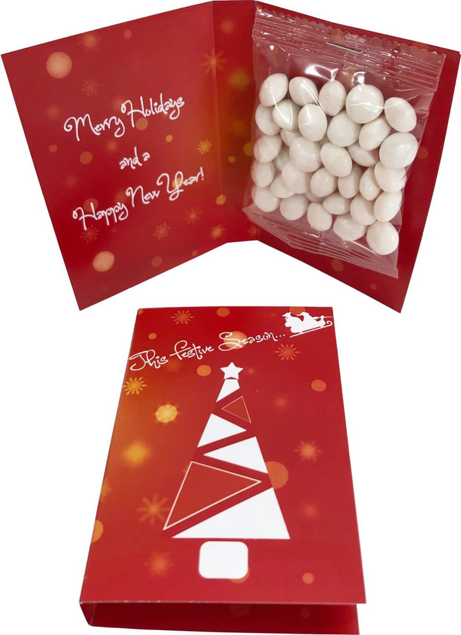 A red gift card with a packet of white mints inside, featuring a festive design and a logo.