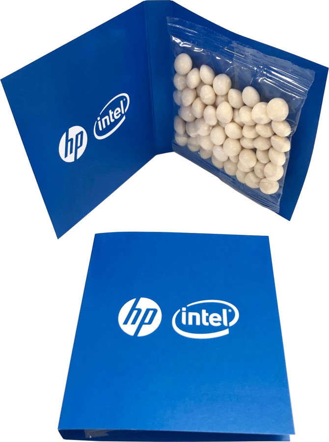 A blue gift card holder featuring a clear bag of white chewy mint balls inside, with logos on the cover.