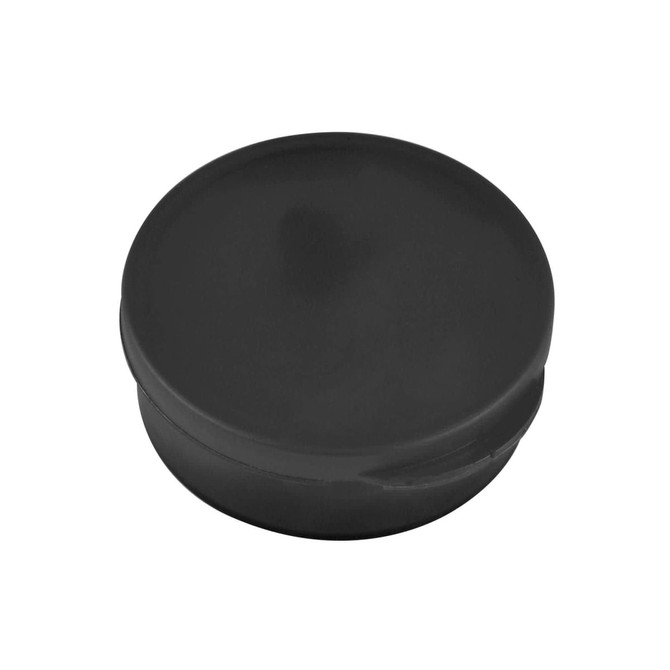 A black, circular earbud case designed for the Thump Earbud Set.