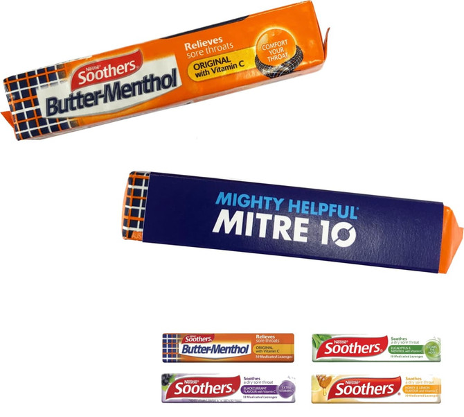 A pack of Soothers Butter-Menthol lozenges in orange, with a blue sleeve featuring Mitre 10 branding and assorted lozenge flavours.