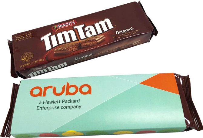 A brown 200g box of Tim Tam biscuits with sleeve, featuring a logo, and a colourful Aruba bar underneath.