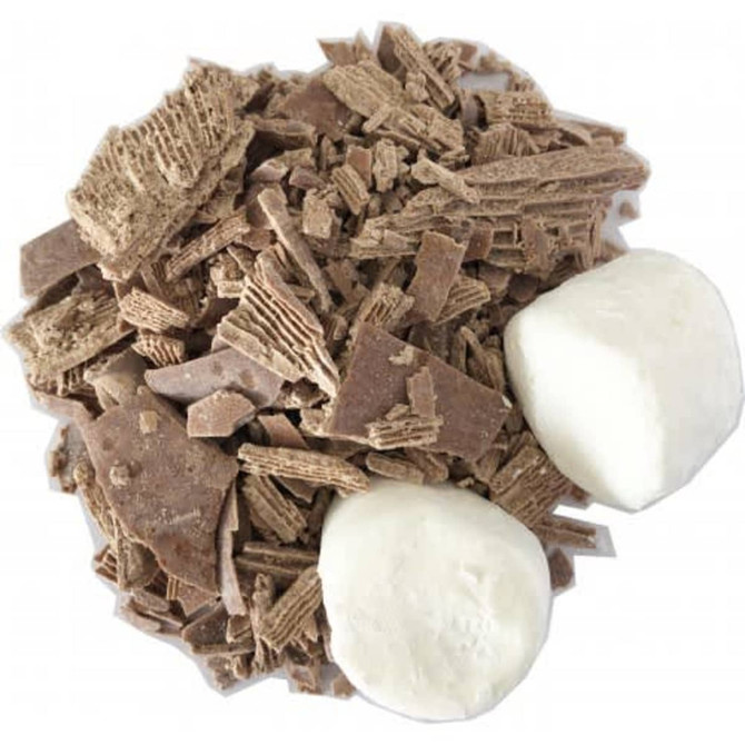 A pile of chocolate shavings in brown tones, accompanied by two white marshmallows.