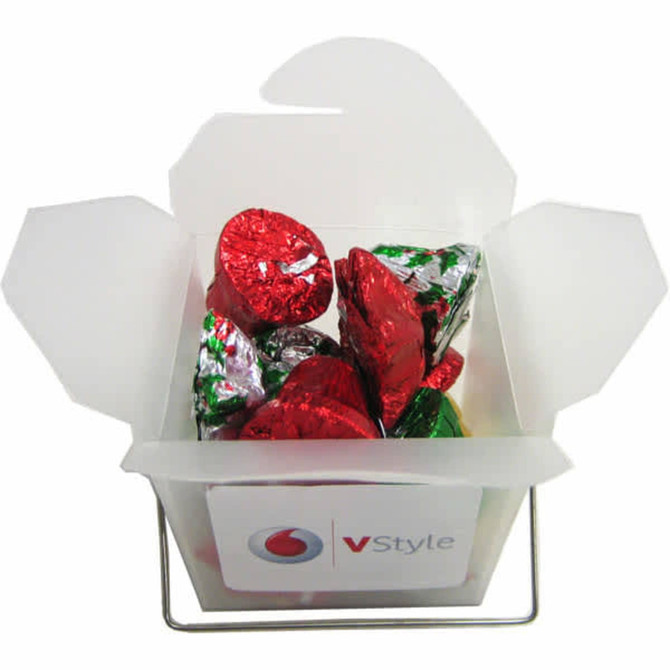 A frosted noodle box filled with red and green Christmas chocolates, featuring a branded logo on the side.