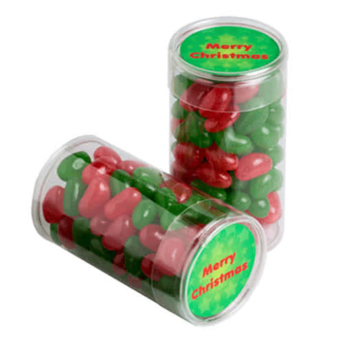 A clear PET tube filled with red and green Christmas jelly beans, featuring a festive lid design.
