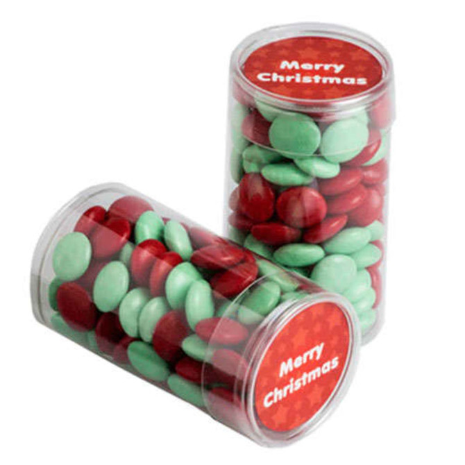 A set of clear tubes filled with red and green choc beans, labelled for Christmas. Each tube contains 100g of confectionery.