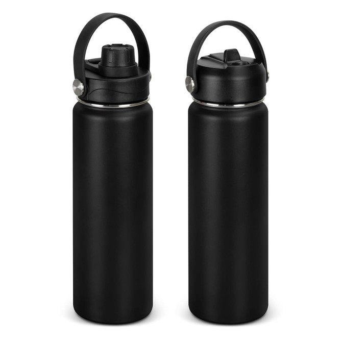 A drink bottle with a sleek black finish, featuring a handle and two different lid designs. It has a logo on the side.