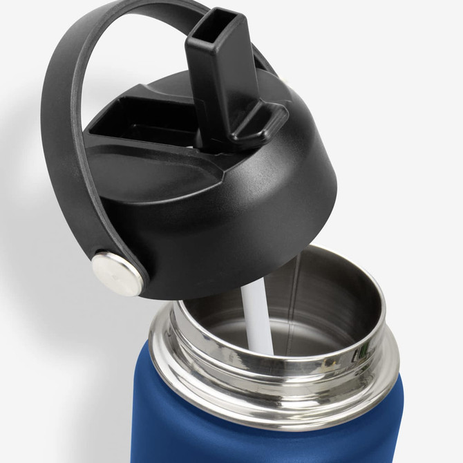 A drink bottle with a dark blue exterior and a black cap, featuring a removable straw inside.