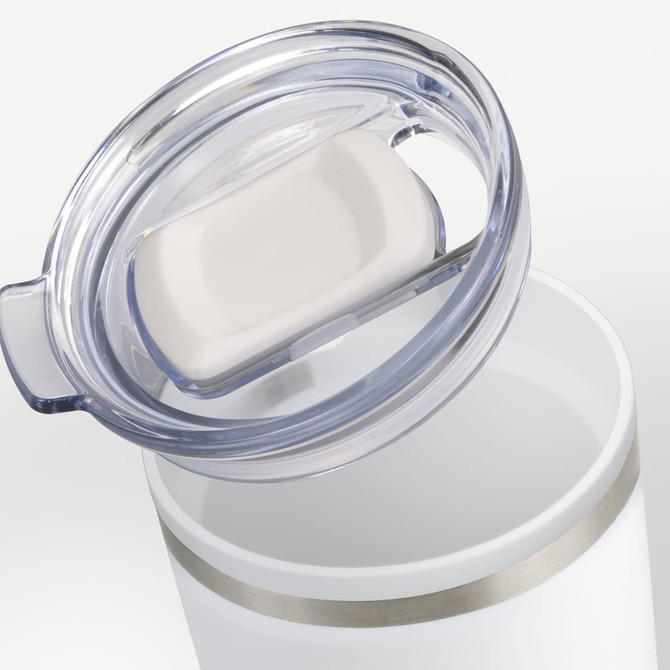 A double wall travel mug in white with a clear lid and a silver band around the top. It features a logo.