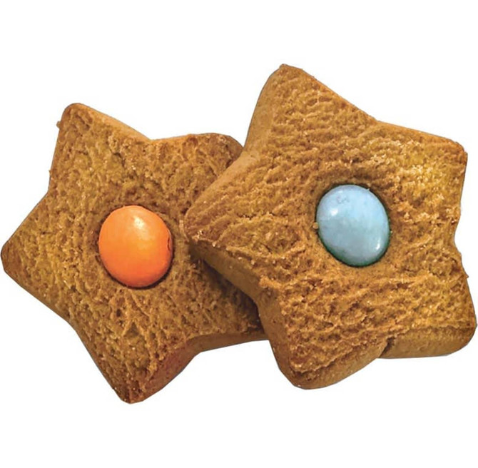 Two star-shaped ginger biscuits, one with an orange centre and the other with a blue centre, on a white background.