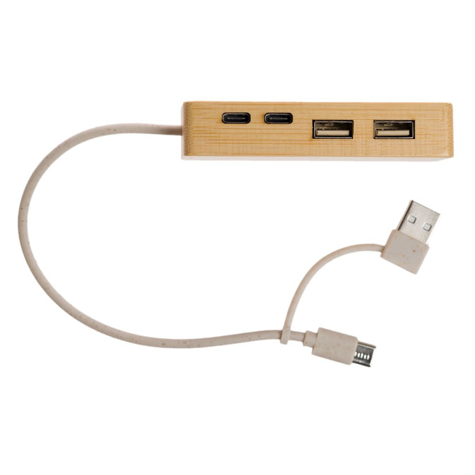 A bamboo USB hub with three ports and a connecting cable, featuring a neutral color scheme.