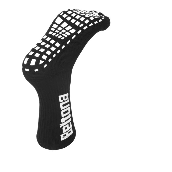 Black crew socks with a textured grip pattern on the sole and branding on the side.