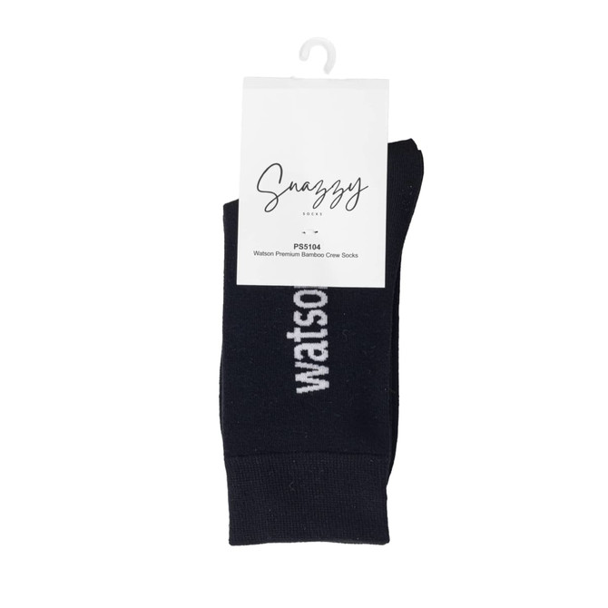 A pair of black bamboo socks featuring white text, displayed with a tag showing the brand name and product details.