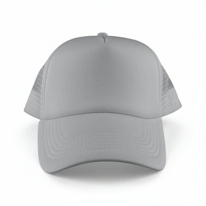 A grey Classic 5 Panel Trucker Mesh Cap with a solid front and mesh side panels, featuring a logo.