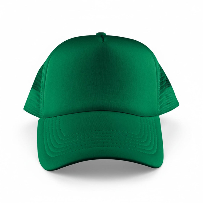 A green 5-panel trucker mesh cap featuring a solid front and mesh side panels. It has a logo on the front.