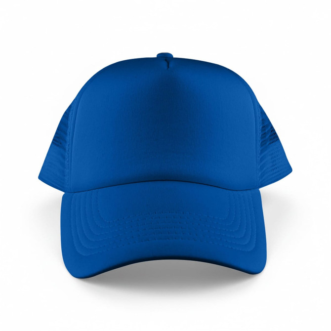 A blue Classic 5 Panel Trucker Mesh Cap featuring a solid front and mesh back, with a logo on the front.