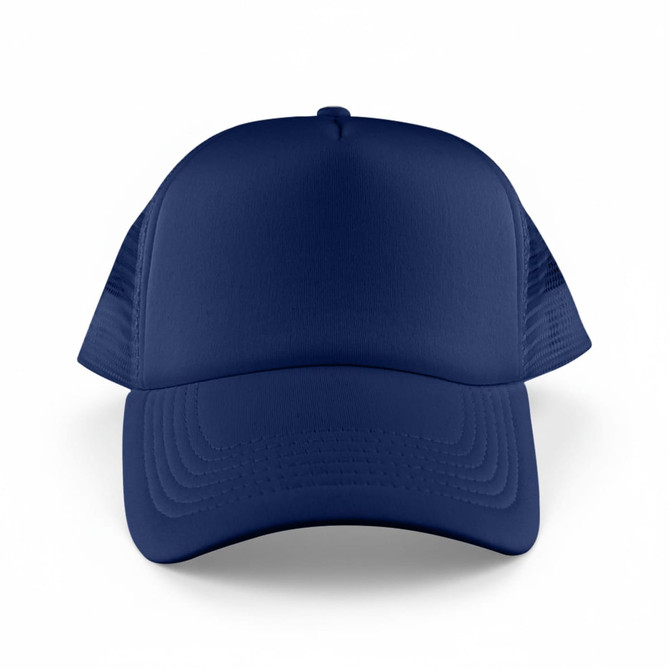 A navy blue Classic 5 Panel Trucker Mesh Cap with a solid front and mesh sides, featuring a branding logo.