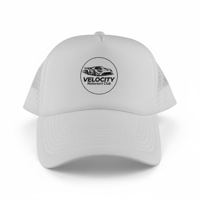 A white trucker cap featuring a circular logo and mesh panels for breathability.