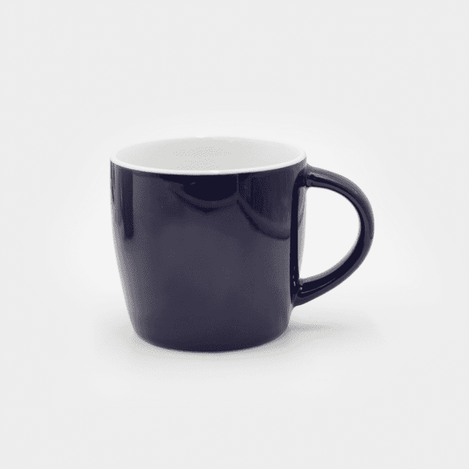 A ceramic mug in navy blue with a white interior and a rounded handle. It features a logo on the surface.