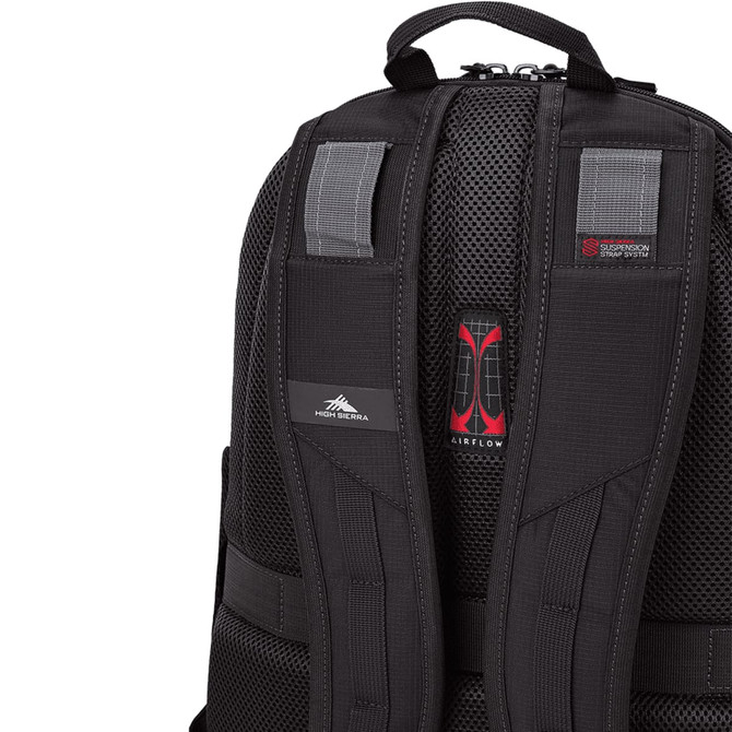 A black backpack with padded mesh straps and a logo on the back. It features adjustable straps and zippers.