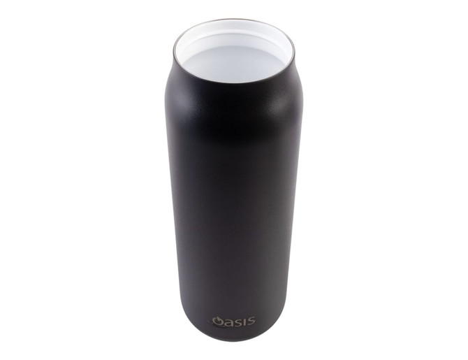 A drink bottle featuring a sleek, matte black finish with a white inner and a small logo at the base.