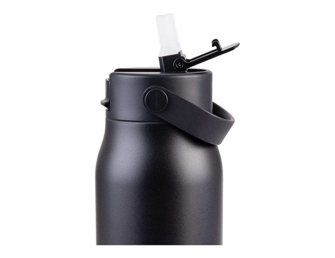 A drink bottle in matte black with a flip-top lid and a carrying strap, featuring a discreet logo.