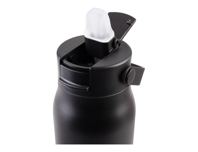 A drink bottle with a black matte finish, featuring a flip-top lid and a built-in spout for easy sipping.