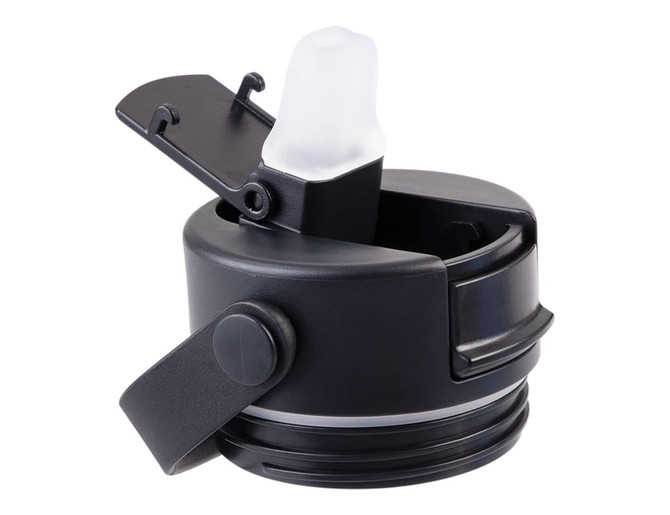 A drink bottle lid featuring a spout design and a locking mechanism, in black colour. The cap is partially opened.
