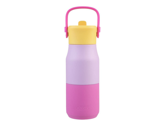 A drink bottle in purple, pink, and yellow, featuring a handle and a logo on the front.