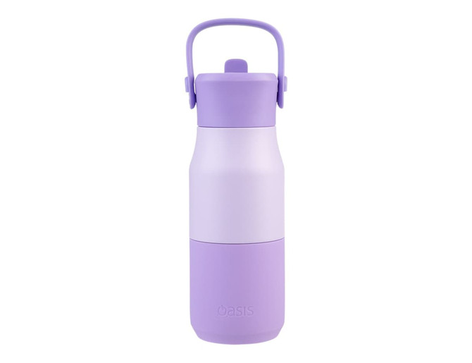 A drink bottle in shades of lavender with a handle and a logo, featuring an insulated design.