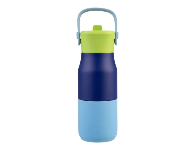 A drink bottle with a navy blue, light blue, and lime green design. It features a handle and a logo.