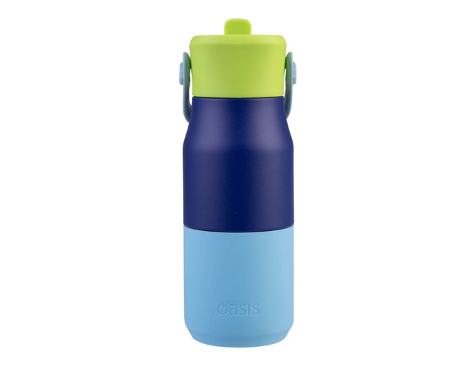 A drink bottle featuring a two-tone design in navy blue and light blue, topped with a bright green lid and a carrying handle.