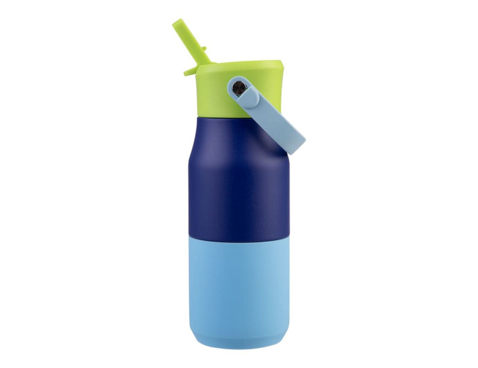 A drink bottle featuring a blue, navy, and green insulated design with a straw lid and a logo.